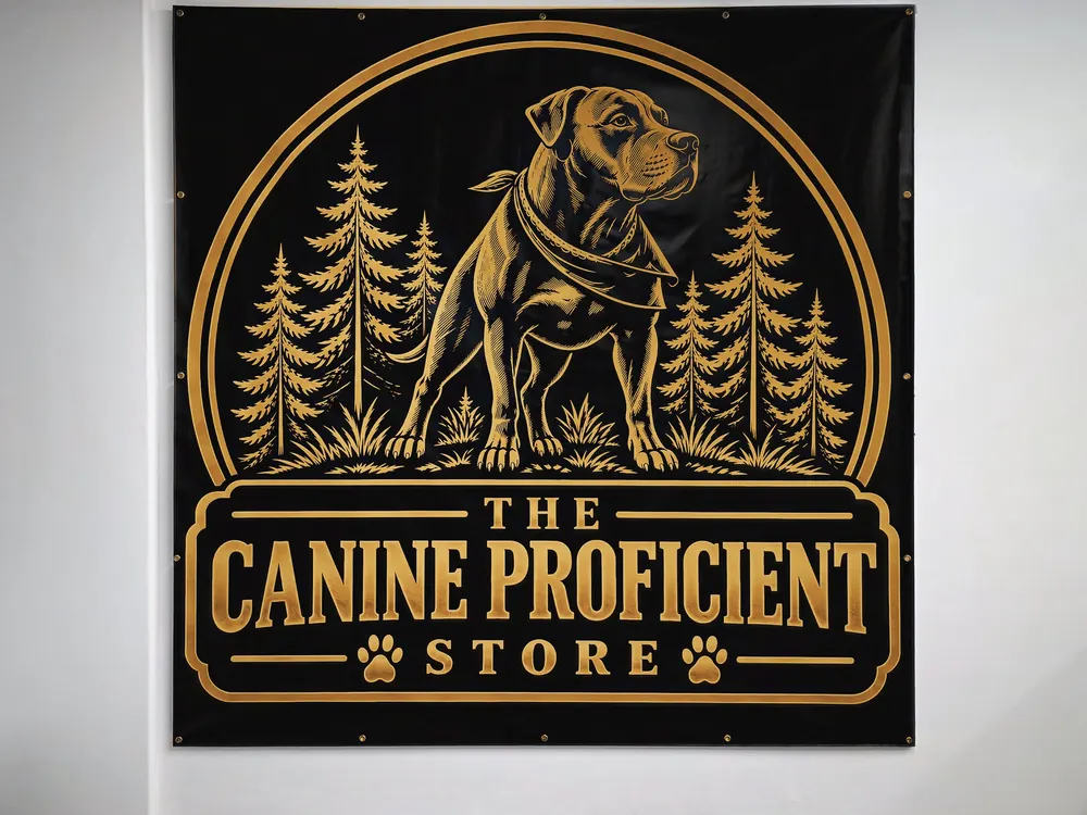 The Canine Proficient Store sign hanging on a wall inside the new store